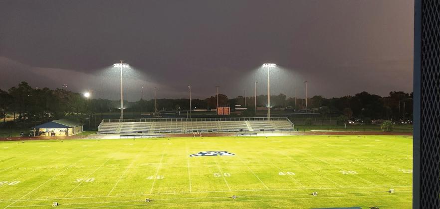 The field at Roger Williams Stadium in Apopka looked like this all night Friday, as lightning storms lingered hours after the scheduled kickoff with Osceola, canceling the Kickoff Classic. PHOTO/KEN JACKSON
