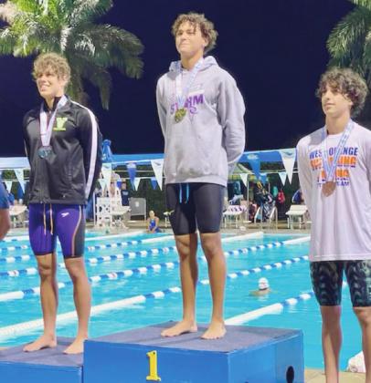 Felipe Costa, with his gold medal became Celebration High’s first swimmer to win a state championship event with his Class 4A 100 backstroke championship. PHOTO/CELEBRATION H.S.
