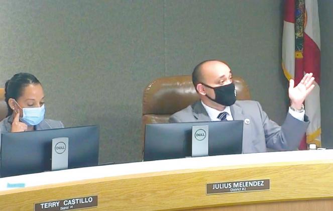 Osceola County School Board Member Julius Melendez, shown at right at a recent School Board meeting, assembled the Citizens Advisory Group for School Safety. SCREENSHOT FROM OSCEOLA COUNTY SCHOOL BOARD MEETING