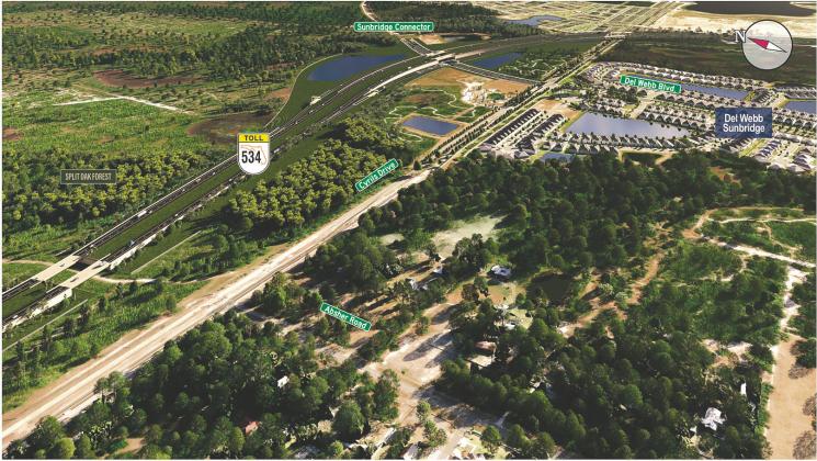 Three wildlife underpasses, circled in orange, are part of the design for the section of State Road 534 Phase 2 through the Split Oak Forest. Underpasses are especially effective for terrestrial species such as deer, foxes, and smaller mammals, as well as amphibians and reptiles. (Graphic/CFX)