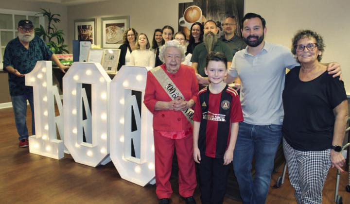 Stella Miers was celebrated by family at her Hunter’s Creek assisted living facility on her 100th birthday Friday. PHOTO/KEN JACKSON