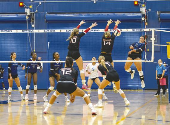 Osceola’s Cate Palmi (9, hitting at right) is within striking distance of the Kowboy’s career kills record with an entire senior season to go. PHOTO/TAYLOR MCFEE