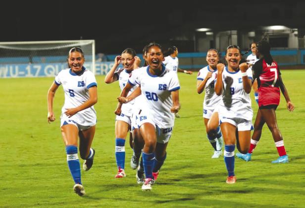 Harmony High’s Machaela Looper (#5, left), pictured with the El Salvador Under-17 national soccer team in 2025, is headed to camp this week with the El Salvador Under-20 national team. (Submitted photo.)