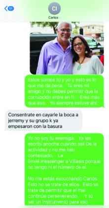 Text messages show Jackie Espinosa imploring Carlos Irizarry to, “Come out of this like a hero and unmask the corruption.” PHOTO/OSC. CO. SHERIFF’S OFFICE