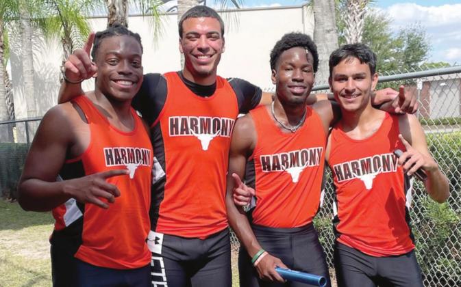 Harmony’s 4x100 relay team of Tyler Emans, Isaiah Oquendo, Wathson Cherancy, Alex Tuyo have already established a new school record. SUBMITTED PHOTO
