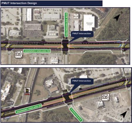 A graphic of the proposed changes at Vineland Road intersections with Polynesian Isle and Poinciana boulevards that would restrict left turns onto those streets, and requiring a U-turn (shown at right) to come back at turn right. PHOTO/FDOT