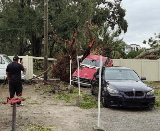 A tree uprooted in Kissimmee, forcing this car to come off the ground a bit in Kissimmee. PHOTO/STEVEN WELLS