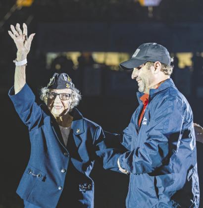 Navy veteran Pat Rudd, left, during World War II (Photo/Rudd Family) and being honored for her contributions at a recent Silver Spurs Rodeo (Photo/Taylor McFee).
