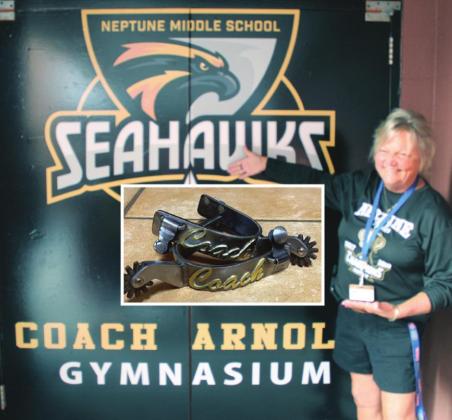 Judi Arnold, surprised by the renaming of the Neptune Middle School gym. Inset, a set of spurs adorned with the word “Coach,” one of her retirement presents. PHOTO/KEN JACKSON
