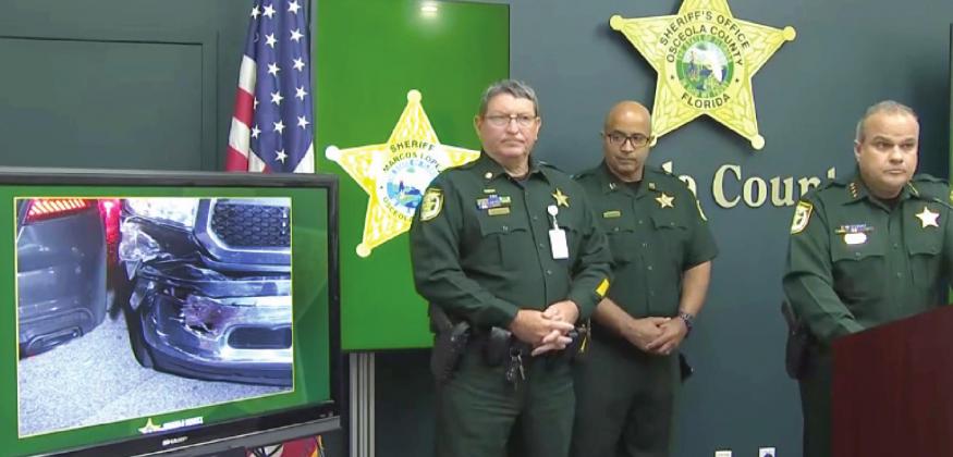 Osceola Sheriff Marcos Lopez shows pictures of deputy vehicles they claim got rammed during the April 27 incident at a west Kissimmee Target. PHOTO/OSCEOLA SHERIFF’S OFFICE