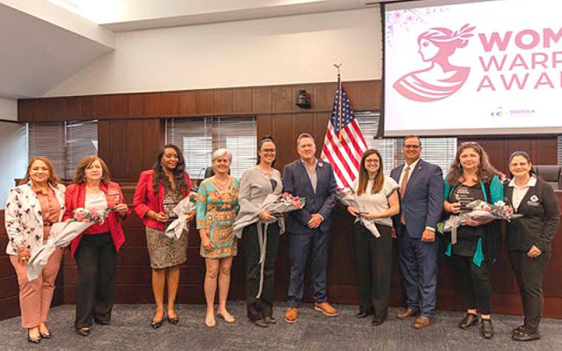 The Osceola County Commission Monday honored five more Women Warriors for their community efforts as part of an annual tradition. From left: Margarita Soto, Christina Morris, Nicole DeGennaro, Kelly Trace and Bettina Grzeskowiak. (Photo/Osceola County)