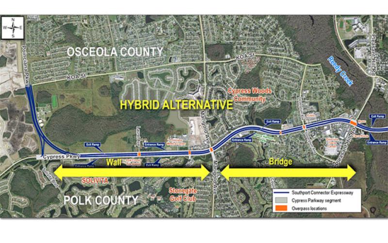 The Central Florida Expressway Authority is evaluating a “hybrid” compromise of the Southport Connector atop bridges east of Marigold Avenue and walls from Poinciana Parkway to Marigold. (Graphic/CFX)
