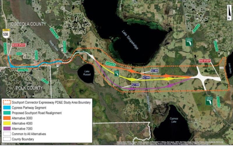 CFX created three alternatives for the Southport Connector stretch from Pleasant Hill Road to Florida’s Turnpike, favoring “Alternate 4000” (middle in yellow). (Graphic/CFX)