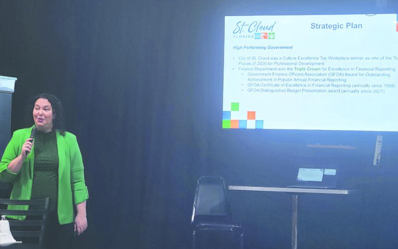 St. Cloud City Manager Veronica Miller showed some of the city’s strategic plan at the season’s final Breakfast with the Pros Tuesday. (Photo/Ken Jackson)
