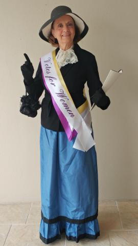 Kathryn Chesley portraying Carrie Chapman Catt.
