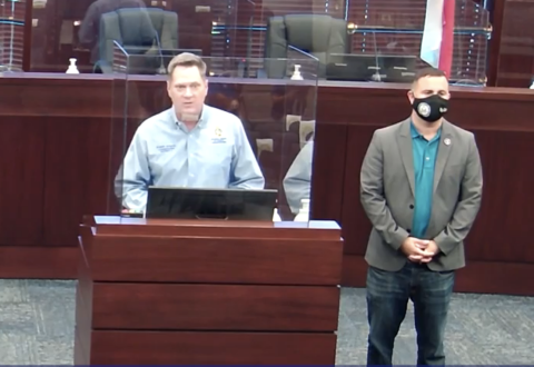 Osceola County Commission Chair Brandon Arrington (left) and state Rep. Darren Soto (D-Kissimmee) present a county rent assistance liaison program Aug. 9. PHOTO/OSCEOLA COUNTY