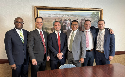 Pictured from left to right: Elder Isaac K. Morrison, Elder Shayne M. Bowen, President Jonathan Gooch, President Carlos Palomino (first counselor), President Adam Zern (second counselor), Brother Jayson Burtoft (executive secretary) .