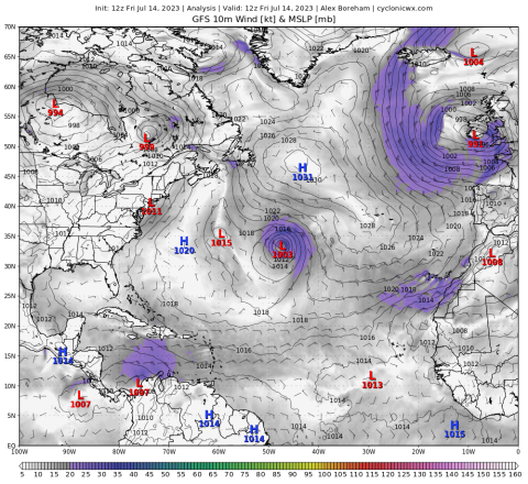 The GFS model of the Atlantic ocean shows Subtropical Storm Don spinning in the central Atlantic. It's the only significant development expected in the basin for at least the next week or so. GRAPHIC/cyclonicwx.com 