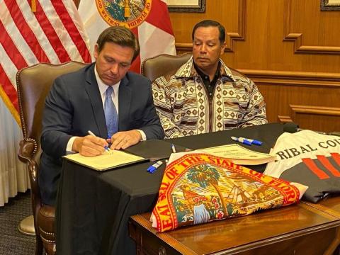 Gov. Ron DeSantis and Seminole Tribe of Florida Chairman Marcellus Osceola, Jr. reached a gambling deal in 2021.  NEWS SERVICE OF FLORIDA FILE PHOTO