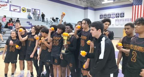 A surprise win by the St. Cloud boys basketball team in the 2024 Orange Belt Conference Tournament kept the Bulldogs close to leader Harmony for the 2023-24 Orange Belt Conference All-Sports Award. PHOTO/J. DANIEL PEARSON