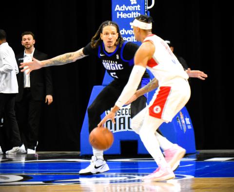 Osceola Magic center D.J. Wilson, shown here in Thursday's game, got it done on both ends of court Sunday, scoring a game-high 30 points in a 112-89 victory over the Maine Celtics. PHOTO/KATIE WILLIAMS