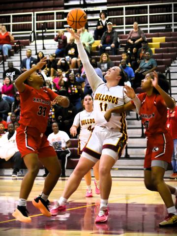 Haley Collins, shown in St. Cloud's district championship game, led the Bulldogs with 14 points in Wednesday's regional playoff win over New Smyrna Beach. PHOTO/KATIE WILLIAMS