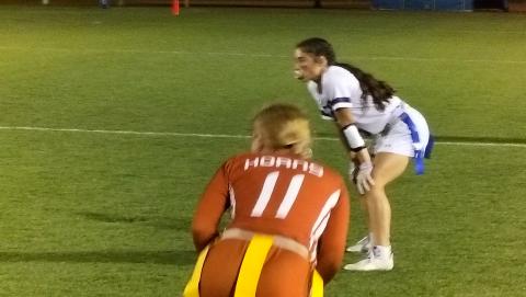 Harmony WR Jada Bloodworth (11) gets ready to run a route while Celebration’s Isabel Meadows defends. Martinez came up with two interceptions on the night, but Harmony held on for 7- 6 win. PHOTO/J. DANIEL PEARSON