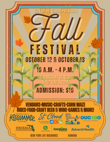 The City of St. Cloud presents Fall Festival on Oct. 12-13 from 10 a.m. to 4 p.m. at The Ranch at St. Cloud.