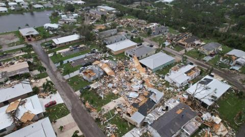 An aerial view shows destruction at the Spanish Lakes country club in Fort Pierce, Florida, in the aftermath of Hurricane Milton on October 10, 2024. (Photo by JOHN FALCHETTO/AFP via Getty Images)