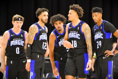A cast of characters: (From left), returning Osceola Magic players Mac McClung and Trevelin Queen are joined this year by the likes of Ethan Thompson,  Jalen Slawson and Jarrett Culver. PHOTO/KATIE WILLIAMS