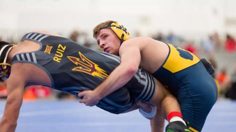 West Virginia All-America wrestler Peyton Hall (165-pound class) will lead the Mountaineers into action at the Knockout Classic this weekend at the Silver Spurs Arena.  College duals will be a part of the Knockout Classic for the first time ever, joining high school wrestlers in one of the premiere Holiday Tournaments in the nation. PHOTO/WEST VIRIGINA UNIV.