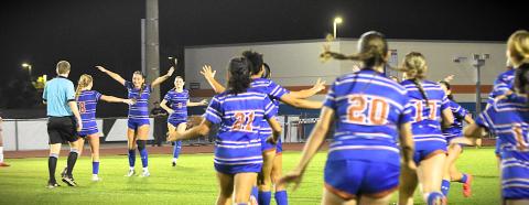Celebrate! The Longhorns get their first ever win over Vero Beach Tuesday. PHOTO/KATIE WILLIAMS