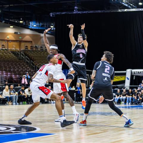 Mac McClung launches the game-winning overtime shot to down the Windy City Bulls, 125-123 in overtime Monday at the Silver Spurs Arena. PHOTO/TAYLOR MCFEE