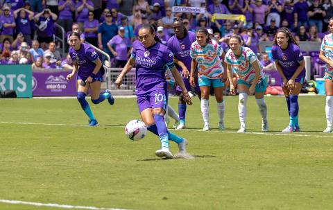 Marta strikes her 75th minute penalty kick, which proved to be the game winner in the Orlando Pride's 2-1 win Saturday afternoon over the San Diego Wave at Inter&Co Stadium. PHOTO/TAYLOR MCFEE