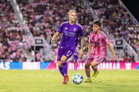 Dagur Thórhallsson scores the third goal in a 3-0 win over Inter Miami Sunday in Miami. (Photo Mark Thor/Orlando City)