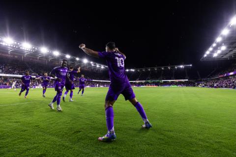 Martin Ojeda celebrates one of his goals. Martin had his first hat trick for Orlando City Saturday against the New England Revolution. (Photo by Mark Thor/Orlando City)