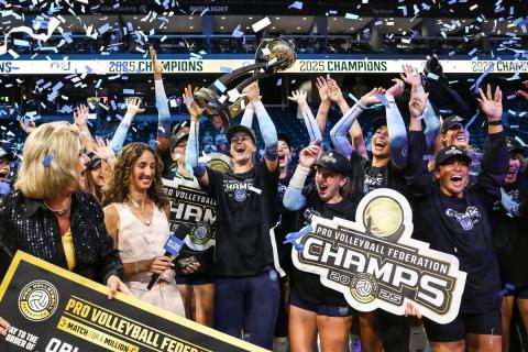 The Orlando Valkyries celebrate winning the Pro Volleyball Federation championship — and the $1 million team prize that goes with it — in Henderson, Nev. Sunday. (Photo/PVF)