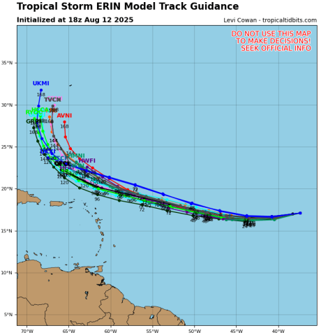 Reliable model output from Tuesday afternoon shows Tropical Storm Erin is currently forecasted -- but not mandated -- to curve northward east of the Bahamas but west of Bermuda. It is expected to be a Category 3 major hurricane at that time. (Graphic/Tropical Tidbits)