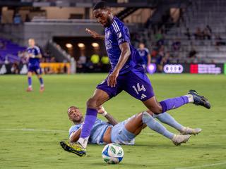 Tyrese Spicer scores his first goal as an Orlando City Lion early in the match but late in the night Saturday. (Photo/Mario Casamalhuapa)