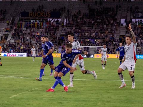 Marco Pasalic scores the third goal Saturday night in Orlando City's 3-1 Leagues Cup match against Atlas. (Photo/Mario Casamalhuapa)