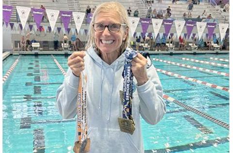 Celebration’s Linda Fulton just keeps swimming — she set new National Senior Games records in the 70-74 age group in the 50 and 200 yard backstroke events. (Photo/Florida Sports Foundation)