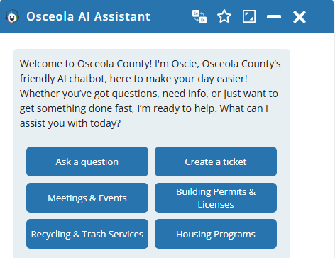 Meet Oscie, Osceola County's new AI assistant found at Osceola.org and on the county's MyOsceola mobile app. (Graphic/Osceola County)