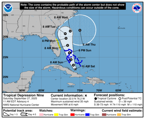 Tropical Storm 9 formed at 11 a.m. Saturday, forecast to parallel the Florida coast about 200 miles away. (Graphic/NHC)