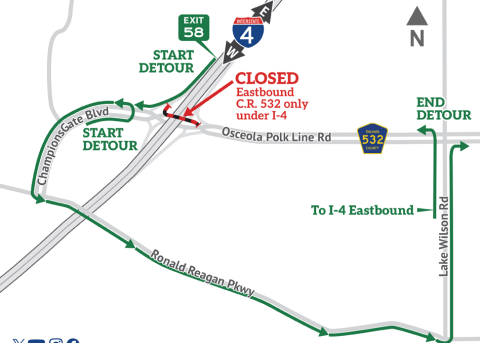 Drivers wishing to use eastbound County Road 532 at I-4 Exit 58 overnights this week will have to use this detour. (Graphic/FDOT)