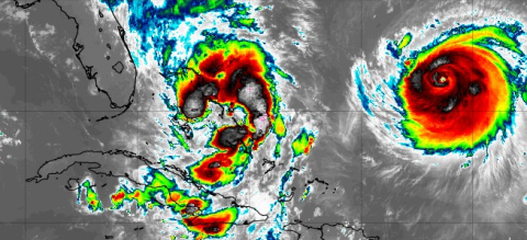 The presence of Tropical Storm Imelda and Hurricane Humberto (right) will affect our weather the first part of the upcoming week. (Photo/Tropical Tidbits)