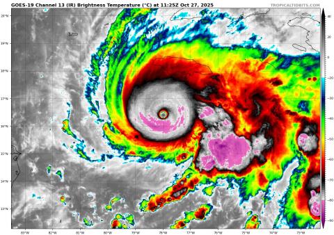 Hurricane Melissa officially became a catastrophic Category 5 storm Monday morning, with a tight core of 160 mph winds, with its eye first set on Jamaica. (Photo/Tropical Tidbits, Dr. Levi Cowan)
