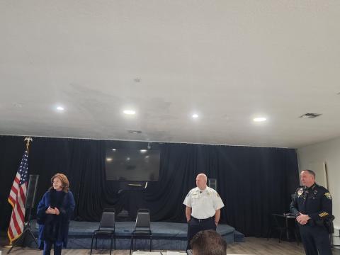 St. Cloud Police and Fire chiefs Doug Goerke and Jason Miller, with St. Cloud Main Street’s Paula Stark, told a group of “Breakfast with the Pros” attendees Tuesday about how they’re managing the first responder departments of the ever-growing city. (Photo/Ken Jackson)