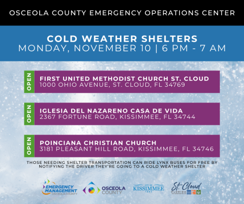 With temperatures in the area expected to dip into the 30s, three cold weather shelters will open Monday at 6 p.m. for those experiencing homelessness in Osceola County.