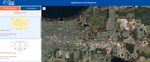 St. Cloud residents can now get information on public building projects around the city.  Approved public applications are shown in orange and City projects shown in blue, with details shown on the one highlighted in light blue in the pane on the left. (Screenshot/Stcloud.gov)
