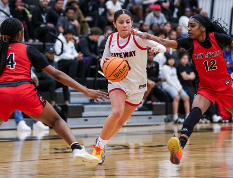 Gateway point guard Alyssa Marino, shown in the district championship win over New Smyrna Beach, overcame early foul trouble to score 13 points in the Panthers' 59-19 playoff win over Fivay.  (Photo/Taylor McFee)
